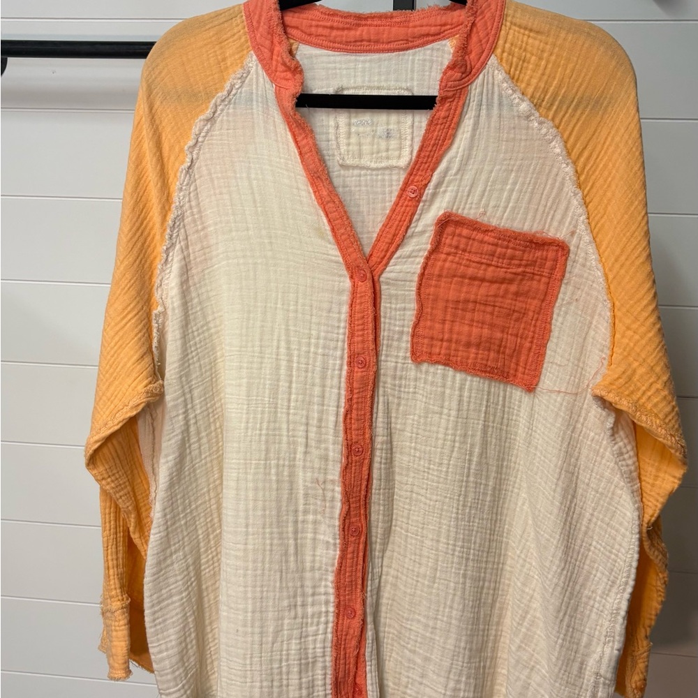 Aerie Orange and White Button Down Gauzy Shirt / Coverup. Size small - Picture 4 of 4